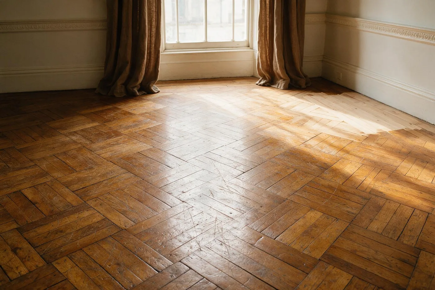 Parquet de roure antic col·locat en espiga, desgastat i enfosquit, en una estança antiga