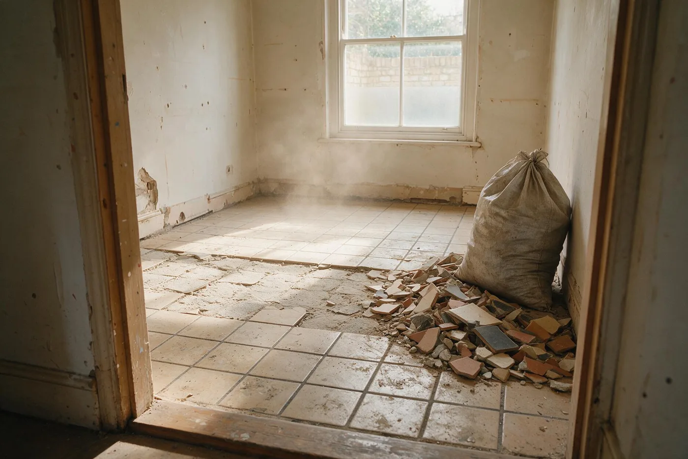 Retirada del paviment antic en una estança buida: trossos de rajola vella trencada escampats per terra i un sac de runa al mig de l’habitació
