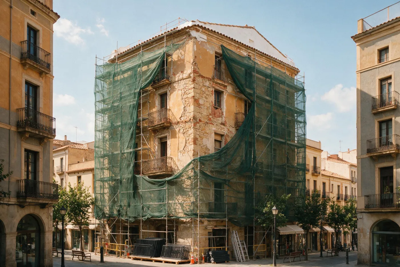 Edifici plurifamiliar en rehabilitació, amb la bastida i la malla cobrint tota la façana