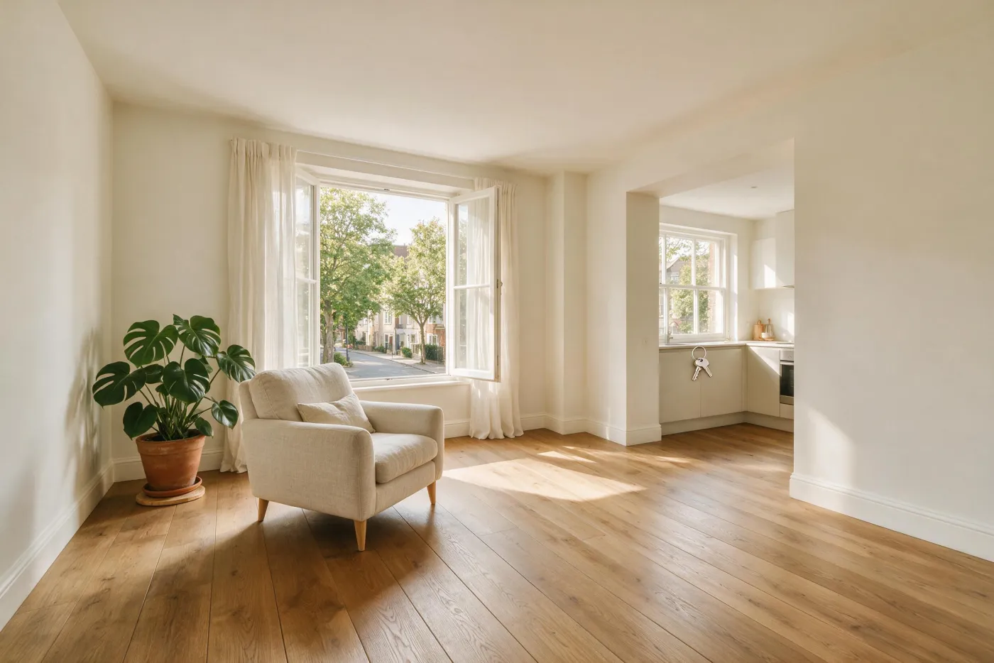 Sala d'estar reformada amb paviment de fusta, finestra oberta al carrer i cuina integrada al fons
