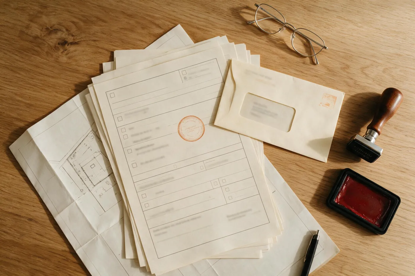 Documentació d’obra sobre una taula: imprès segellat, sobre, plànol plegat i segell de data