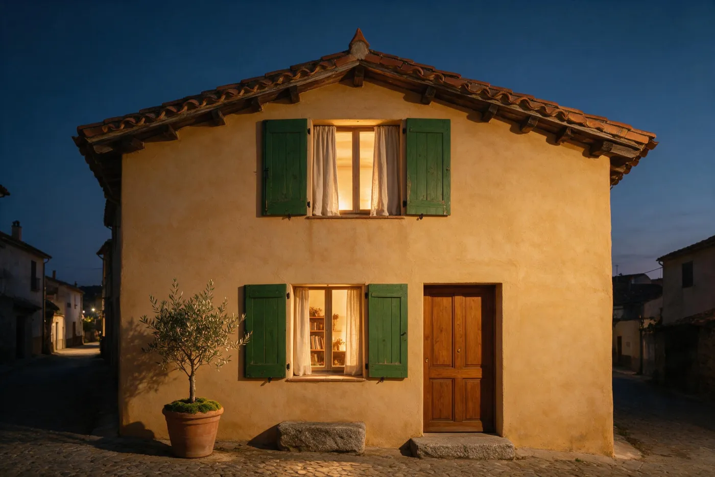 Casa d’un poble gironí al capvespre, amb els finestrons verds i els finestrals encesos