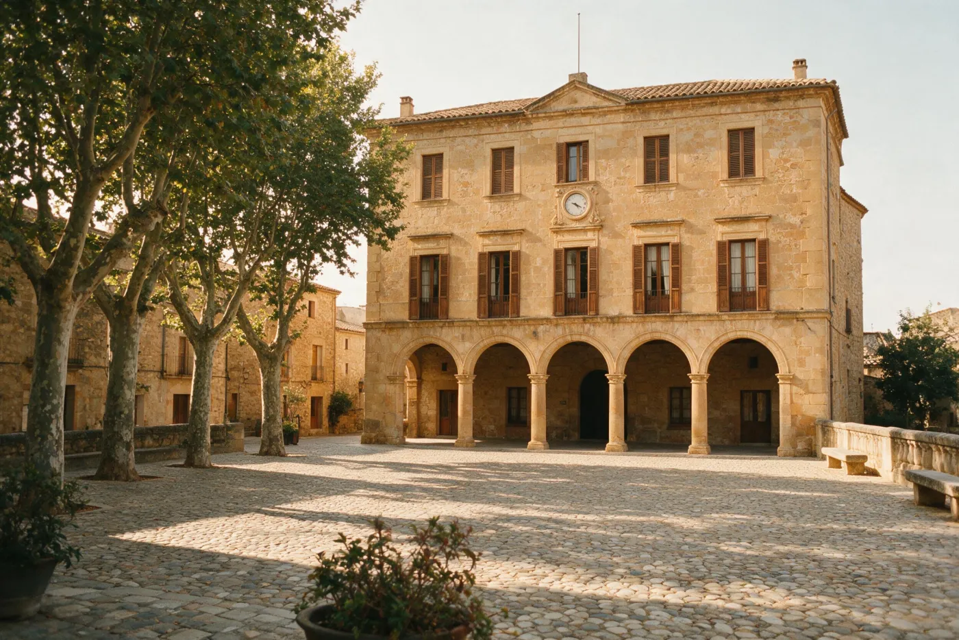 Façana de pedra d’un ajuntament gironí amb porxo d’arcs a la plaça