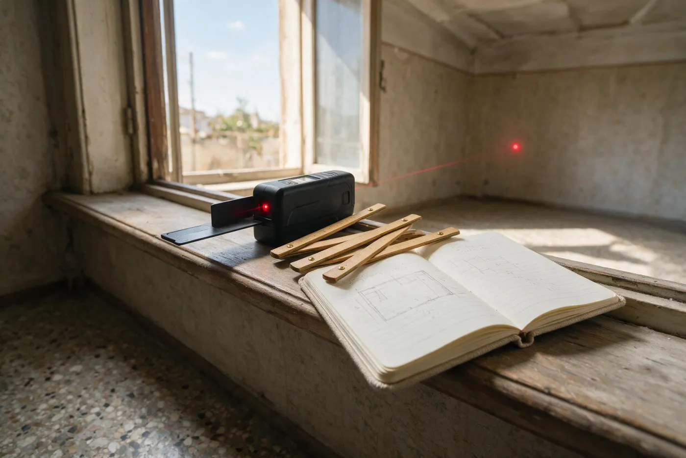 Mesurament amb làser i llibreta de notes en un habitatge encara sense reformar