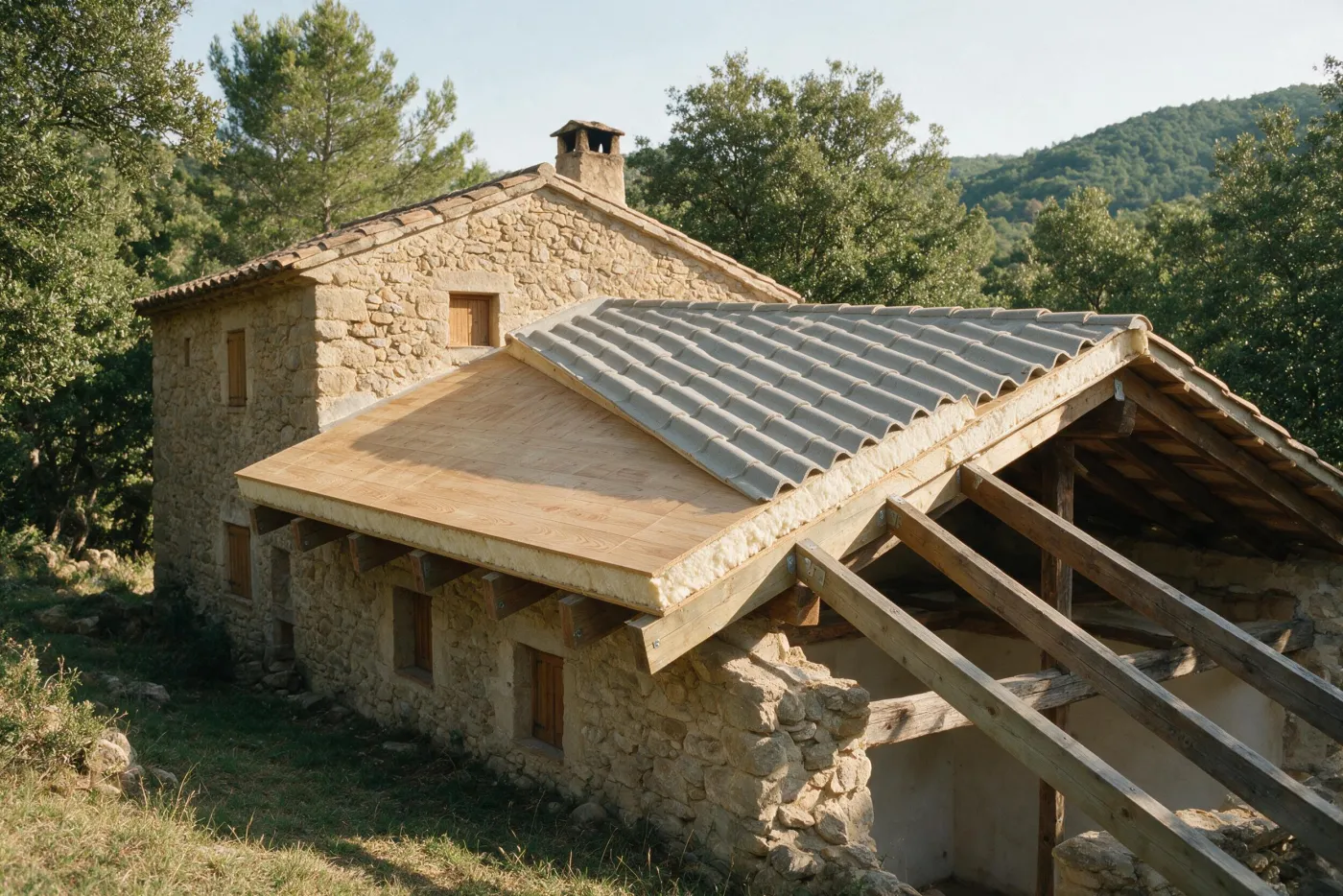 Muntatge de panell sandvitx sobre les bigues d’una casa de pedra, amb part de la coberta oberta