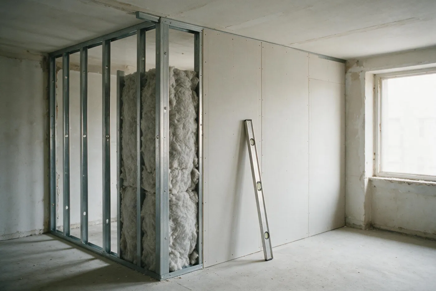 Envà de plaques de guix laminat amb estructura d’acer i llana mineral entre muntants