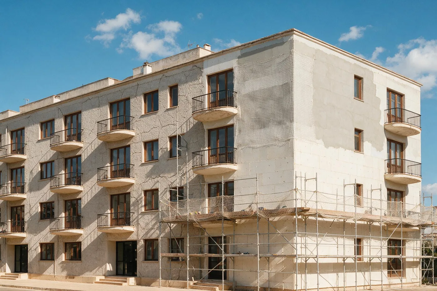 Bastida muntada davant d’una façana amb les plaques d’aïllament exterior a mig col·locar
