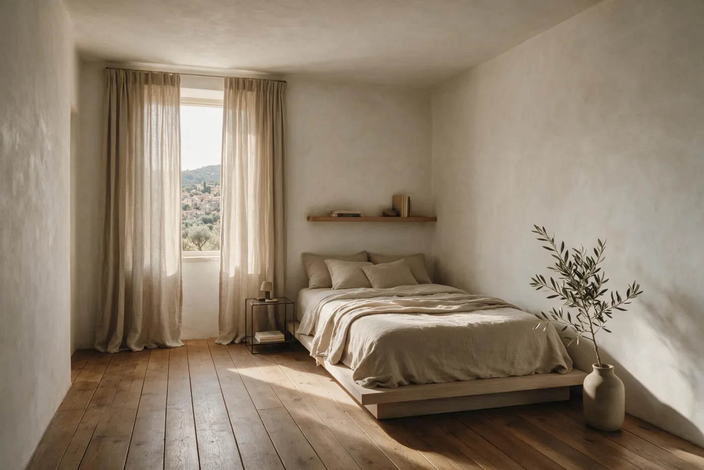Habitació reformada amb parets de calç, paviment de roure i llum natural filtrada per una cortina de lli