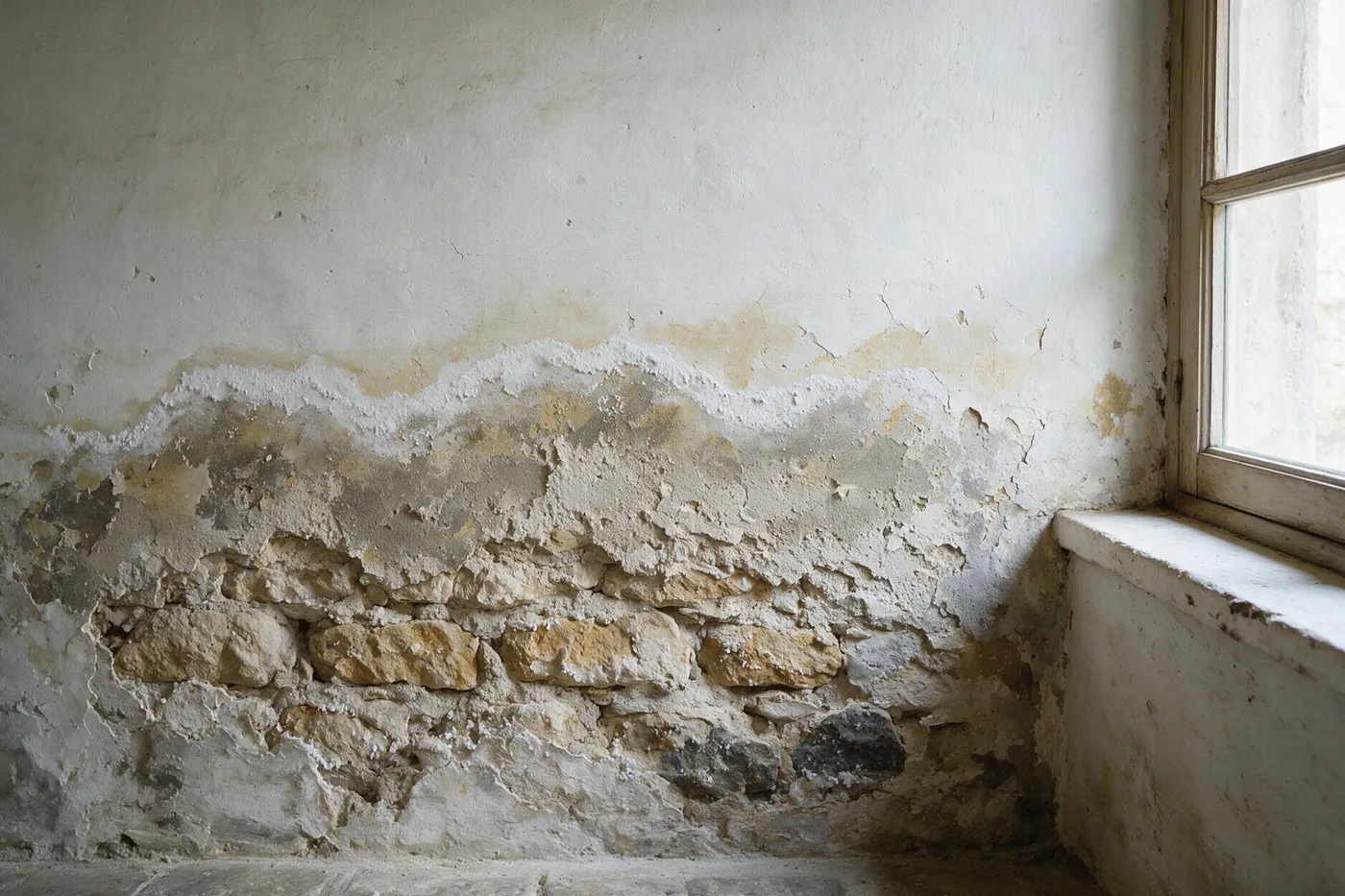 Base d’un mur interior amb el revestiment picat fins a un metre d’alçada, amb la pedra vista abans del tractament d’humitat