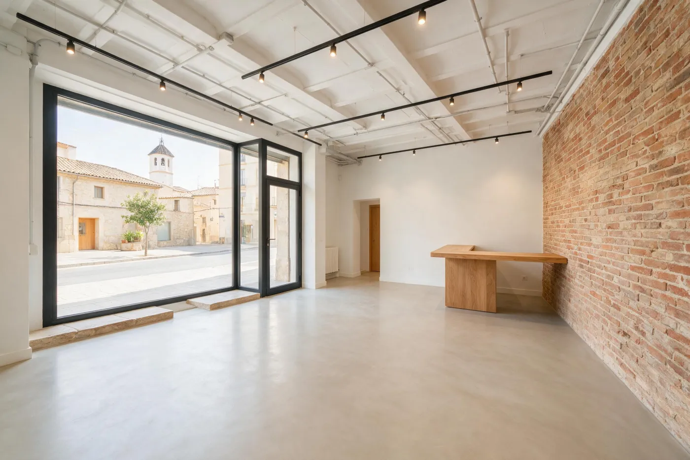 Local comercial acabat amb paviment de microciment, sostre tècnic i paret de totxo netejada