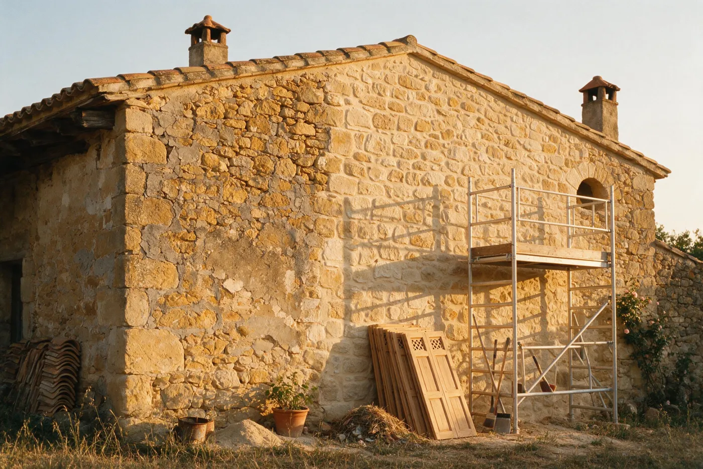 Casa de pedra amb la coberta i la façana en procés de rehabilitació