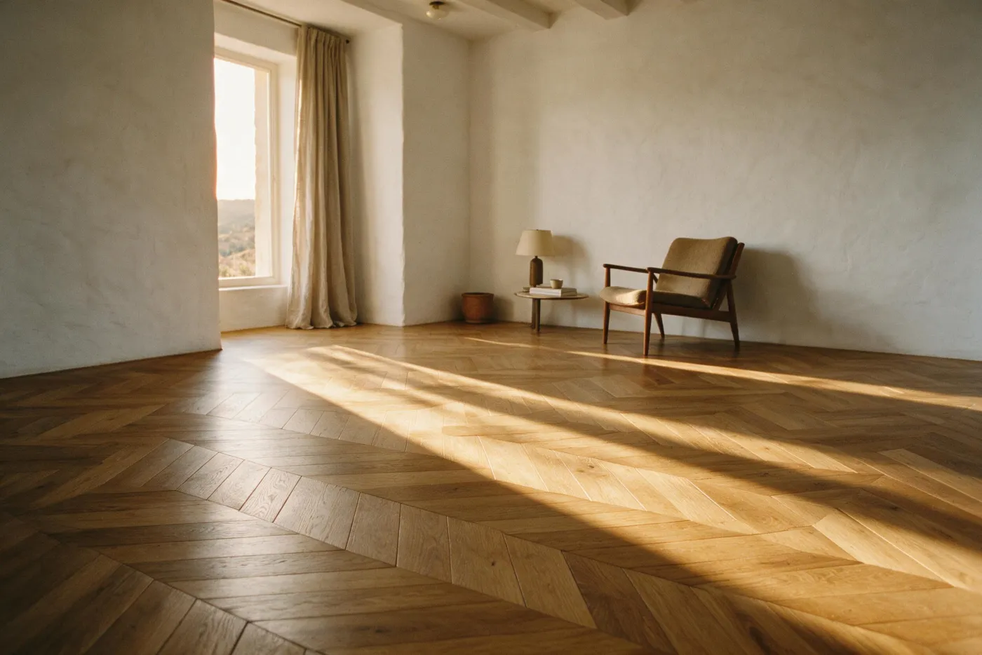 Parquet de roure col·locat en espiga en un saló amb llum rasant de tarda