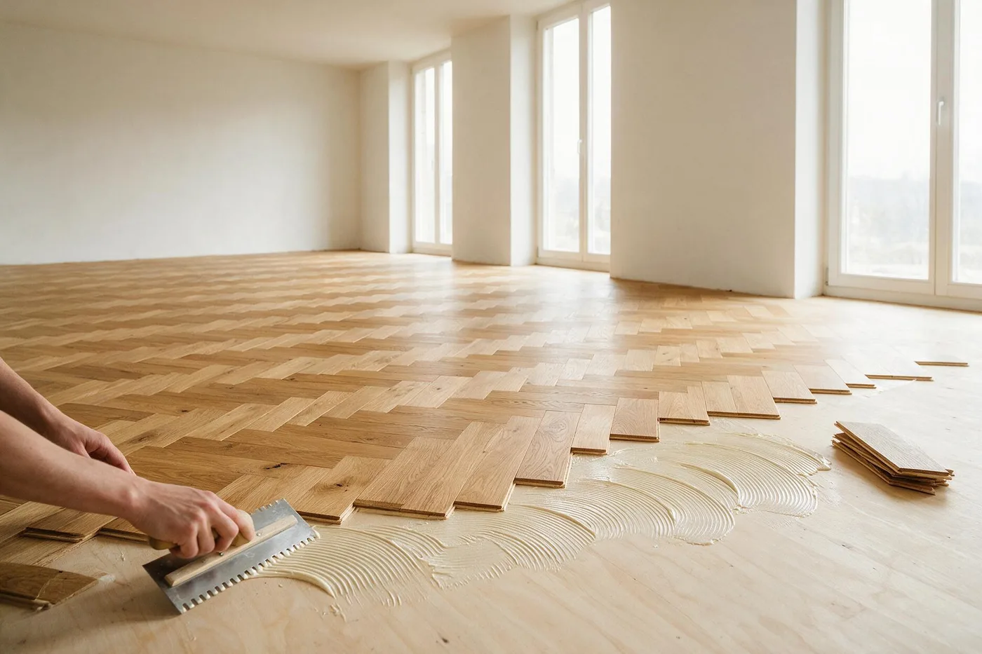 Col·locació de parquet en espiga amb llana dentada estenent adhesiu al cantó d’avanç