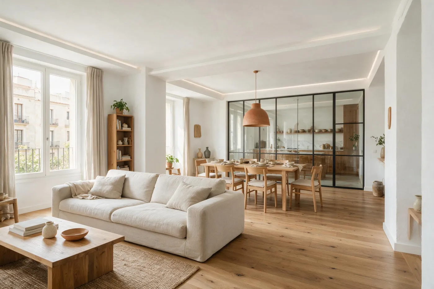Interior d’un habitatge reformat amb llum natural, paviment de fusta i parets clares