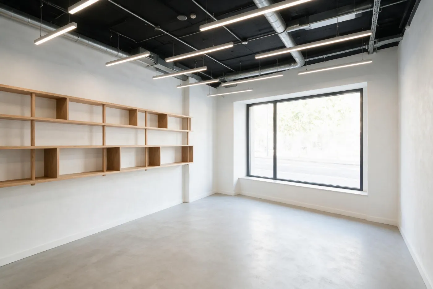 Local comercial reformat amb sostre tècnic obert, il·luminació lineal i paviment continu
