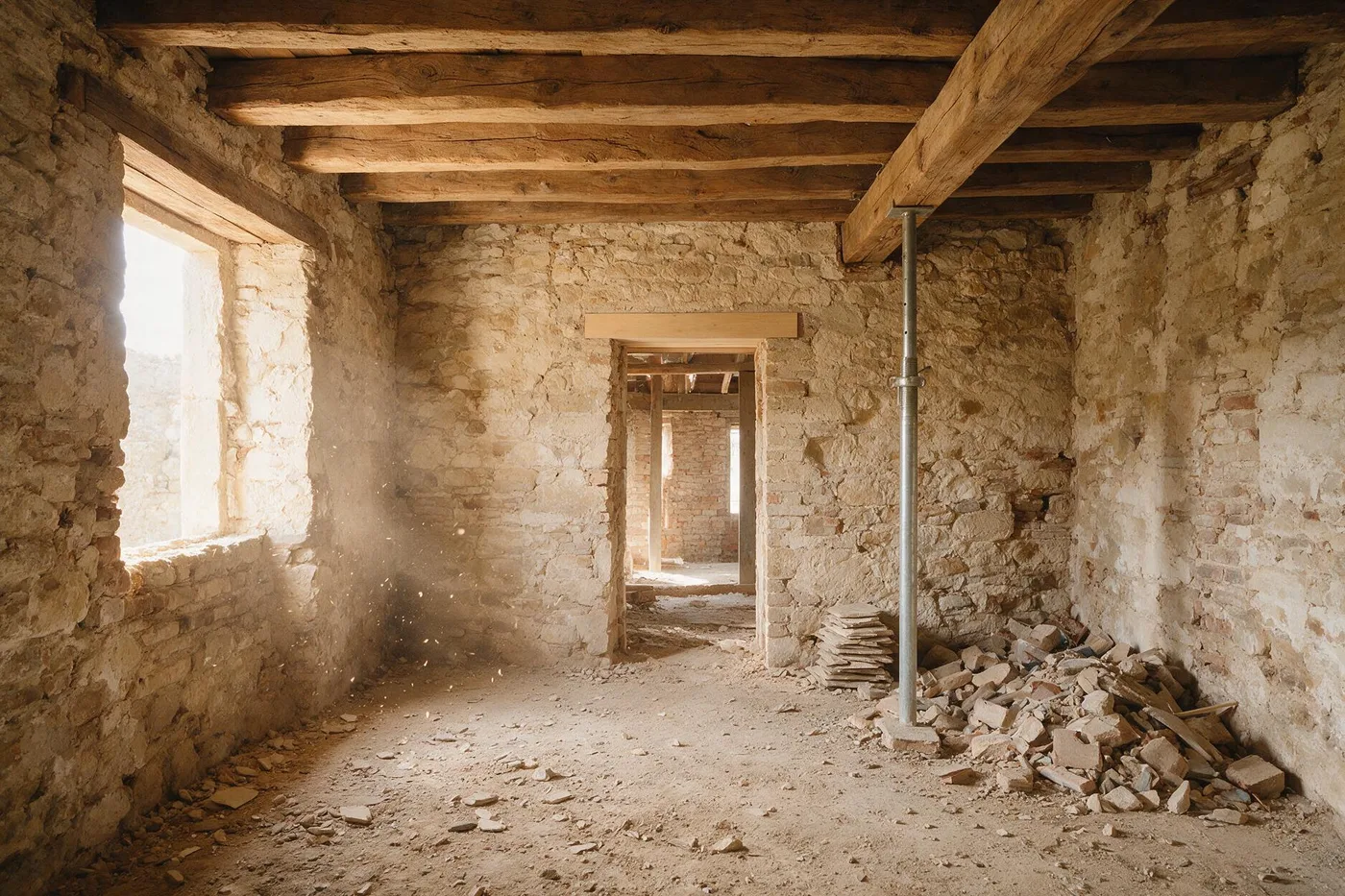 Interior d’una casa antiga buidada durant la rehabilitació, amb el mur de càrrega apuntalat i el forjat de biguetes a la vista