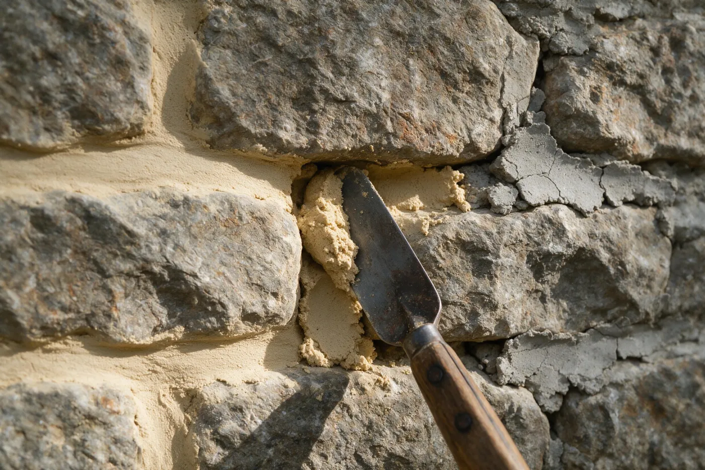 Rejuntat amb morter de calç en un mur de pedra: a l’esquerra ja acabat, a la dreta el ciment vell per treure